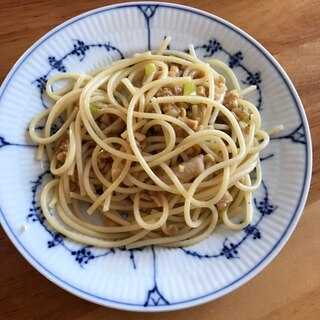 ひきわり納豆と長芋、ネギのパスタ